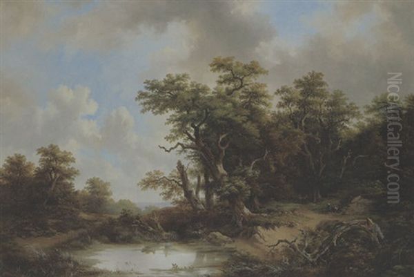 Bewaldete Landschaft Mit Einem Teich Und Figuren Oil Painting by Johann Gustav Lange