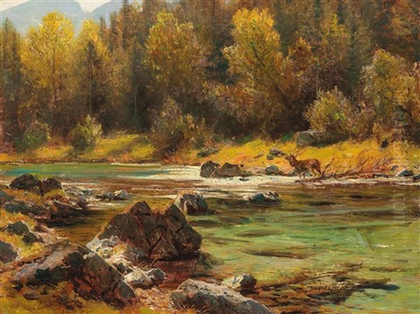 Red Deer By The Stream Oil Painting by Julius Lange