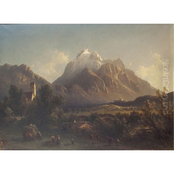 An Alpine Landscape With Haymakers Oil Painting by Julius Lange