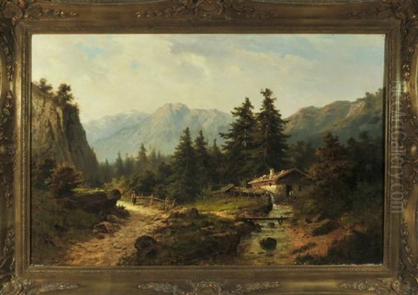 Romantische Gebirgslandschaft Mit Wanderer Am Bachlauf, Im Hintergrund Eine Hutte Oil Painting by Julius Lange