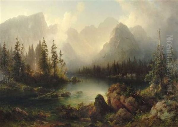 Lever Du Jour Au Bord D'un Lac De Montagne (bergsee) Oil Painting by Julius Lange