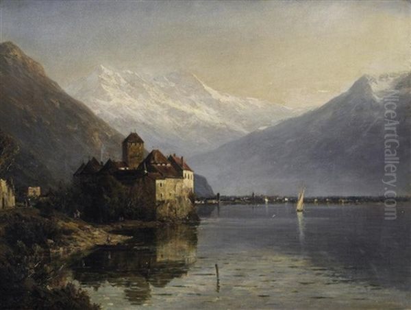 Chateau Chillon Am Genfer See. Im Hintergrund Blick In Das Rhonetal Oil Painting by Julius Lange