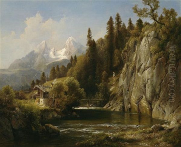 Sommer Im Gebirge Mit Bauerngehoft Am Flus, Im Hintergrund Ein Gletschermassiv Oil Painting by Julius Lange