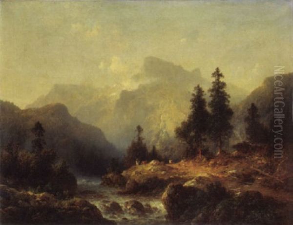 Berglandschaft Mit Wildbach Und Viehhirt Oil Painting by Julius Lange