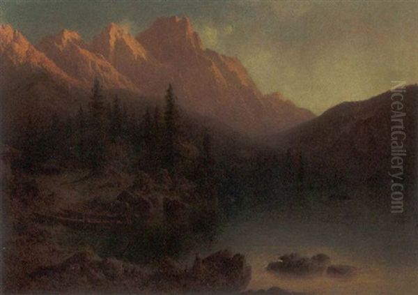 Alpenseelandschaft Im Abendlicht (gosausee) Oil Painting by Julius Lange