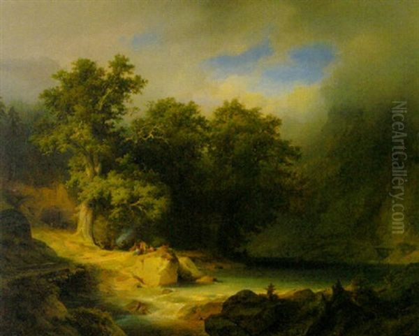 Waldlandschaft Mit Zigeunerlagern Unter Baumen Am Seeufer Oil Painting by Julius Lange