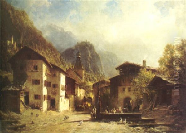 An Alpine Village Scene With The Arrival Of A Stagecoach And Figures By A Well With Mountains Beyond Oil Painting by Julius Lange