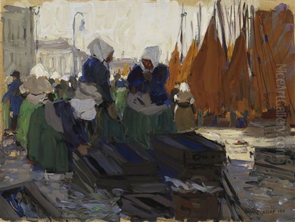 Fischerfrauen Am Hafen Oil Painting by Otto Lange