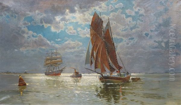 Fishing Cutter And Tall Ship Off Neuwerk Oil Painting by Willi Otto Max Lange