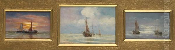 De L'aube Au Crepuscule En Mer (triptych) Oil Painting by Charles Louis Langenbick