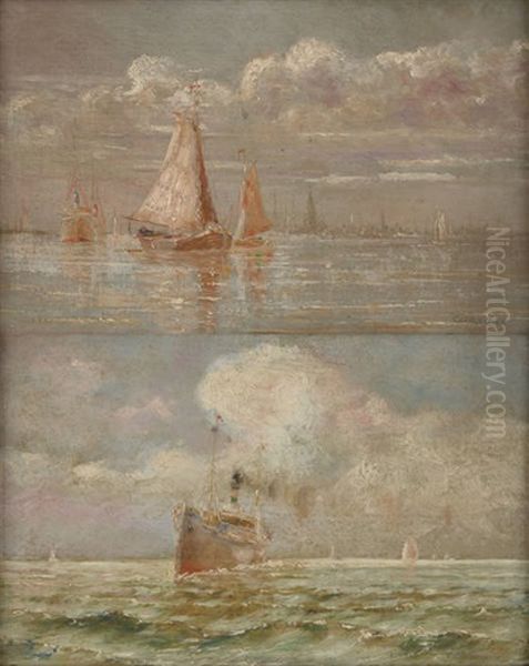 Mer Ensoleillee (+ L'escaut Devant Anvers; 2 Works) Oil Painting by Charles Louis Langenbick