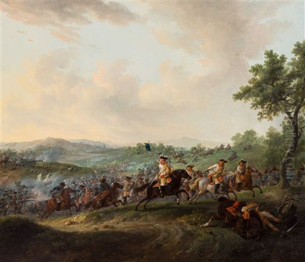 Rolling Landscape With Cavalry Retreating During A Battle Oil Painting by Dirk Langendyk