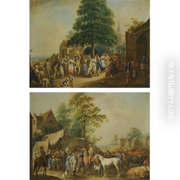 A Village Scene With A Livestock Fair And A Church In The Background (+ A Village Kermesse With Peasants Dancing; Smllr; Pair) Oil Painting by Dirk Langendyk