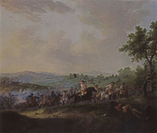 A Cavalry Battle Scene In A Hilly Landscape With Troops Retreating Oil Painting by Dirk Langendyk