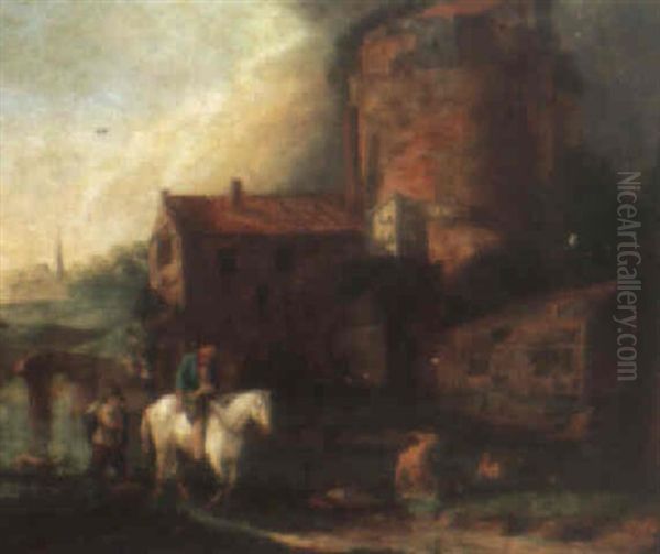 Travellers Near A River And Farm Buildings Oil Painting by Dirk Langendyk