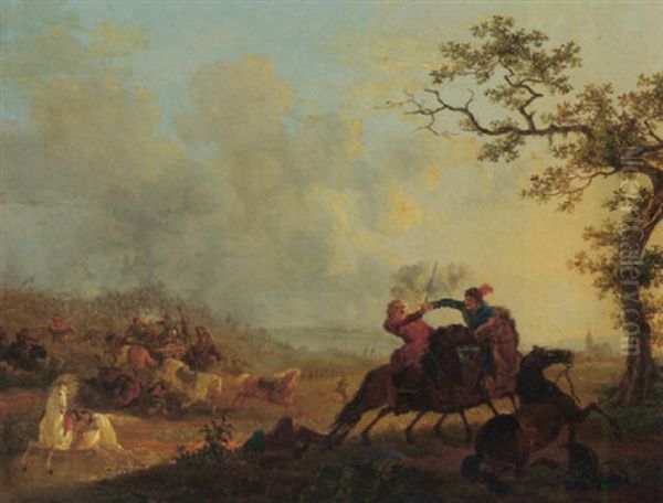 A Cavalry Engagement Oil Painting by Jan Anthonie Langendyk