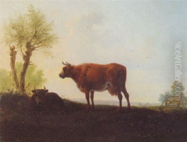 Cattle Grazing At Sunset Oil Painting by Jan Anthonie Langendyk