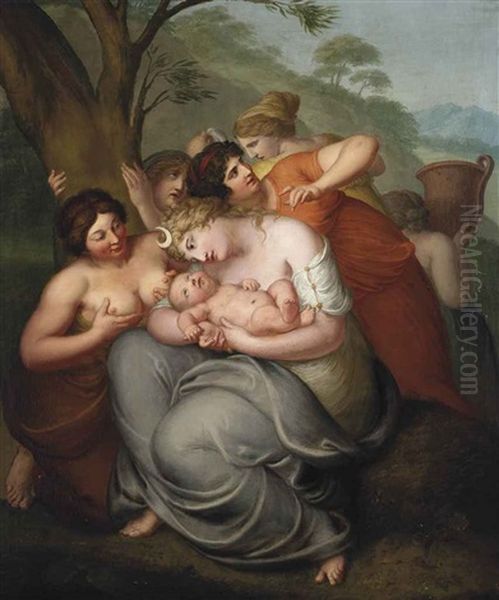 Diana Attending A Child Surrounded By Nymphs Oil Painting by Johan Josef Langenhoeffel