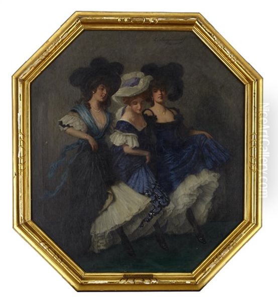 Tre Dansande Damer Oil Painting by Ludwig Von Langenmantel