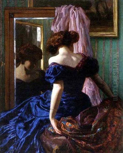 Dame In Blauem Kleid Vor Dem Spiegel Oil Painting by Ludwig Von Langenmantel