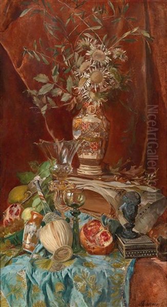 Stillleben Mit Fruchten, Blumen Und Ziergegenstanden Oil Painting by Josef Langer