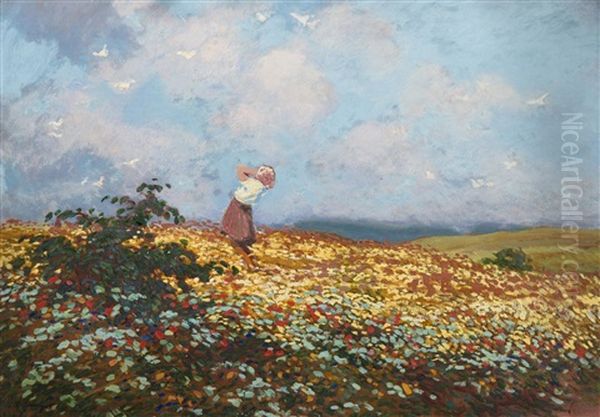 A Girl In A Meadow Oil Painting by Karel Langer