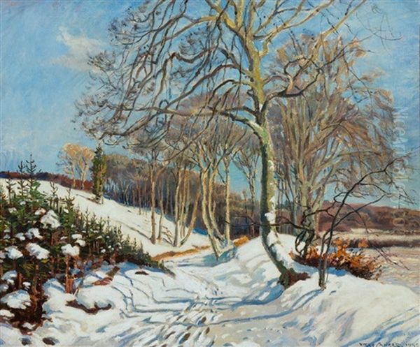 Besonnte Winterliche Landschaft In Danemark Oil Painting by Olaf Viggo Peter Langer