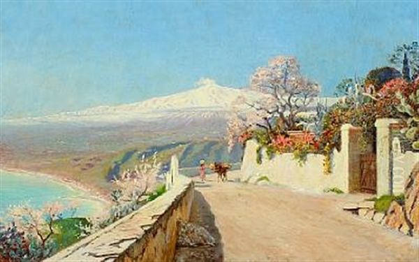 View Of Sicily With Mount Etna In The Background Oil Painting by Olaf Viggo Peter Langer