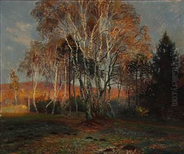 Autumn Day With Birch Trees In A Forest Glade Oil Painting by Olaf Viggo Peter Langer