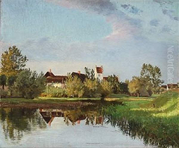 Village Pond At A Church Oil Painting by Olaf Viggo Peter Langer