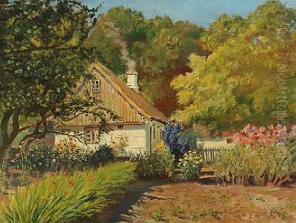 Garden Scenery And A House, Summer Oil Painting by Olaf Viggo Peter Langer