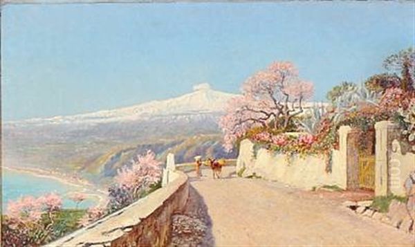 Summer Day In Taormina With Mount Etna In The Background Oil Painting by Olaf Viggo Peter Langer