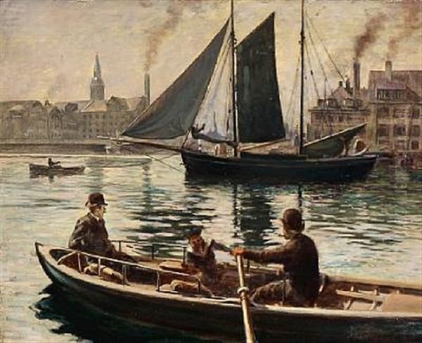 Harbour Scape From Copenhagen Oil Painting by Olaf Viggo Peter Langer