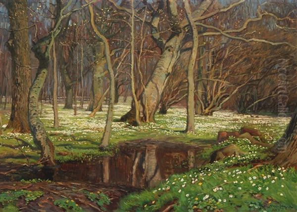 Spring Day In The Woods Oil Painting by Olaf Viggo Peter Langer