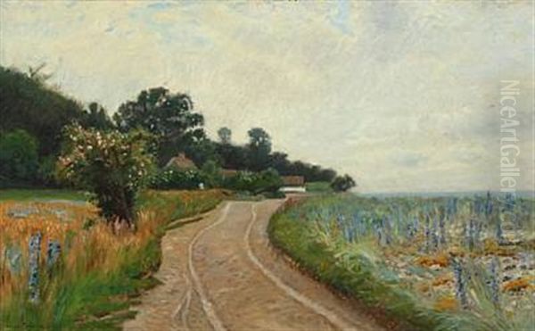 Landscape With Road And Flowering Fields Oil Painting by Olaf Viggo Peter Langer