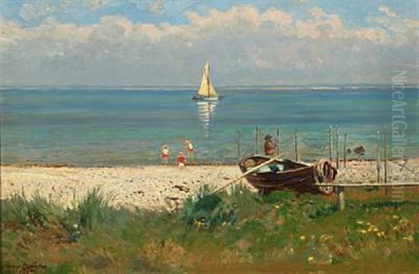 Paddling Children And Fisherman By The Sea Oil Painting by Olaf Viggo Peter Langer