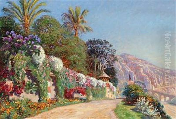 Southern Mountain Landscape With Colorful Flowers And Palms (menton, France?) Oil Painting by Olaf Viggo Peter Langer