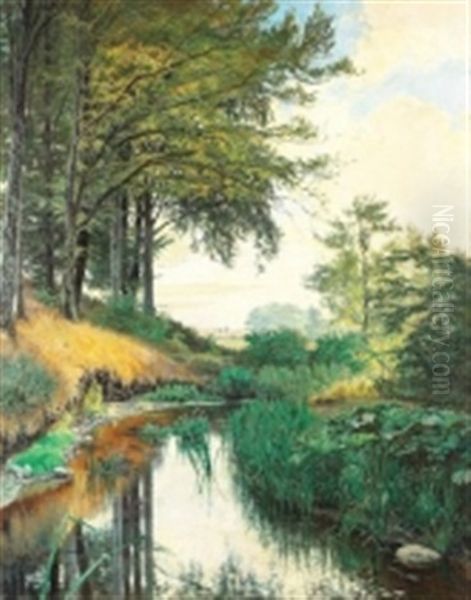 Landskap Med Vattendrag Oil Painting by Olaf Viggo Peter Langer