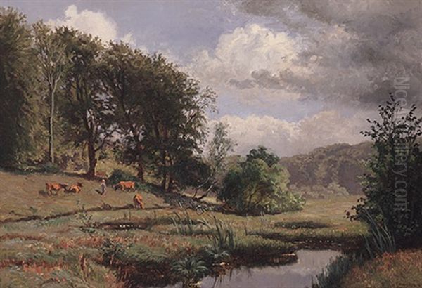 Idyllische Weidelandschaft Mit Huterkind Und Kuhen An Malerischem Teich Mit Busch- Und Baumwerk Oil Painting by Olaf Viggo Peter Langer