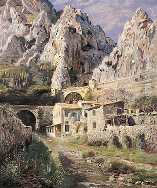 Sudfranzosische Gebirgslandschaft Bei Menton Oil Painting by Olaf Viggo Peter Langer