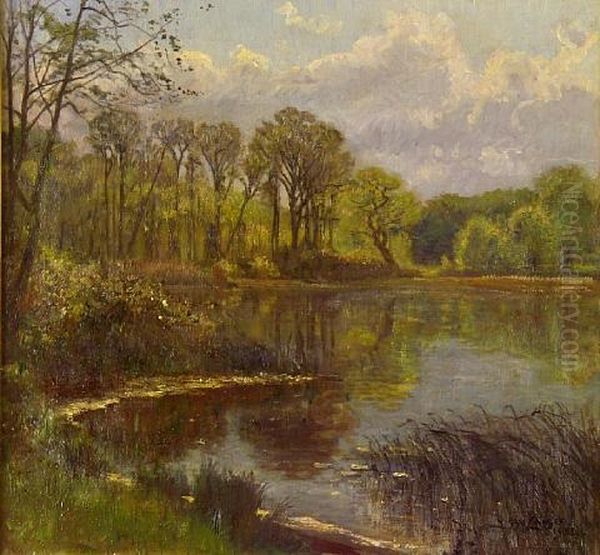 A Landscape With A Pond Oil Painting by Olaf Viggo Peter Langer