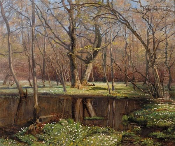 Woodland Pond Oil Painting by Olaf Viggo Peter Langer