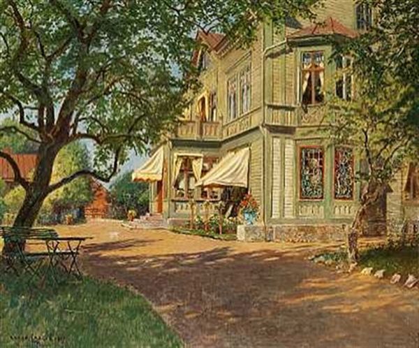 Sommerdag Ved En Villa I Sunde I Smaland Oil Painting by Olaf Viggo Peter Langer