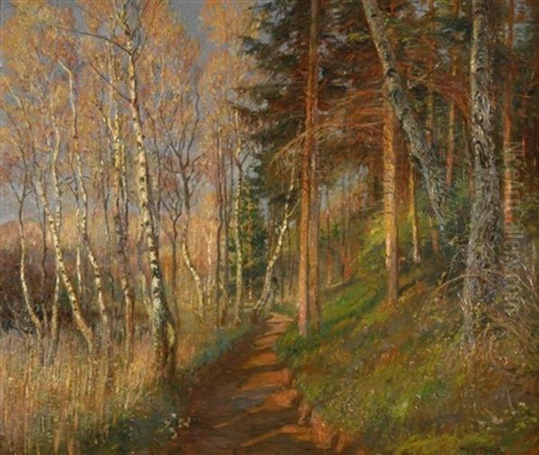 Blick Auf Einen Wanderweg In Sonnigem Mischwald Oil Painting by Olaf Viggo Peter Langer