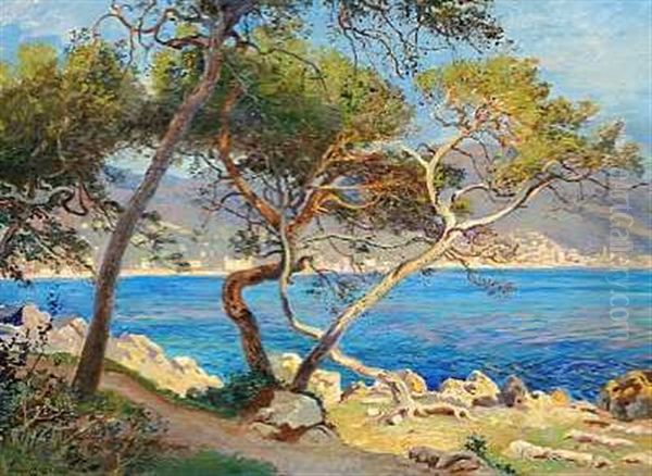 Udsigt Fra Cap Martin Ved Den Franske Riviera Over Middelhavet Mod Menton Oil Painting by Olaf Viggo Peter Langer