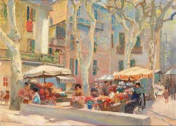 Blomstertorvet I Menton Marts Oil Painting by Olaf Viggo Peter Langer