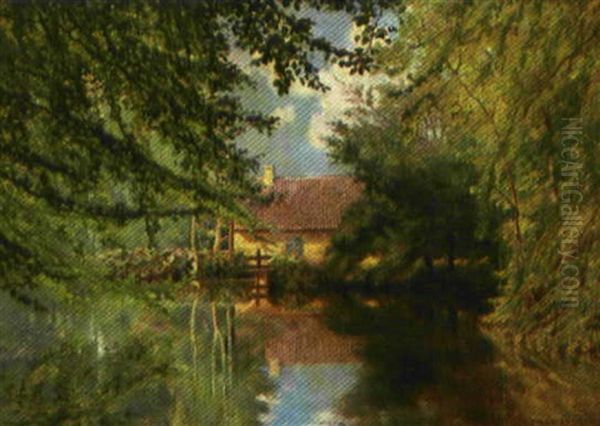 Skovso Med Gult Hus I Baggrunden, Sommer Oil Painting by Olaf Viggo Peter Langer