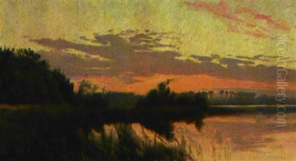 Solnedgang Over Flodlandskab Oil Painting by Olaf Viggo Peter Langer