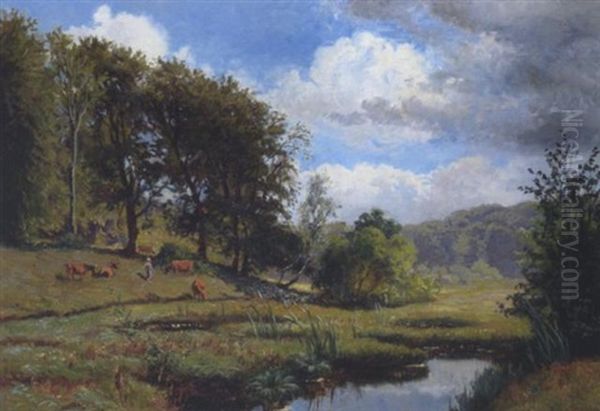 Sommertag Am Weiher Mit Weidenenden Kuhen Oil Painting by Olaf Viggo Peter Langer