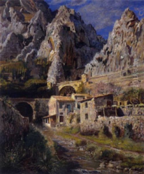 Gebirgslandschaft Mit Pont St. Louis Bei Menton Oil Painting by Olaf Viggo Peter Langer